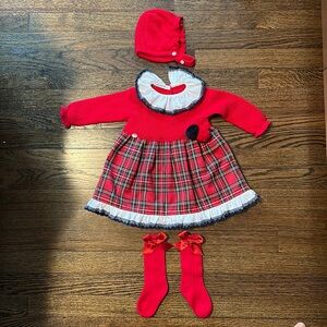 Juliana Red Christmas Tartan Dress, Bonnet and Socks Set